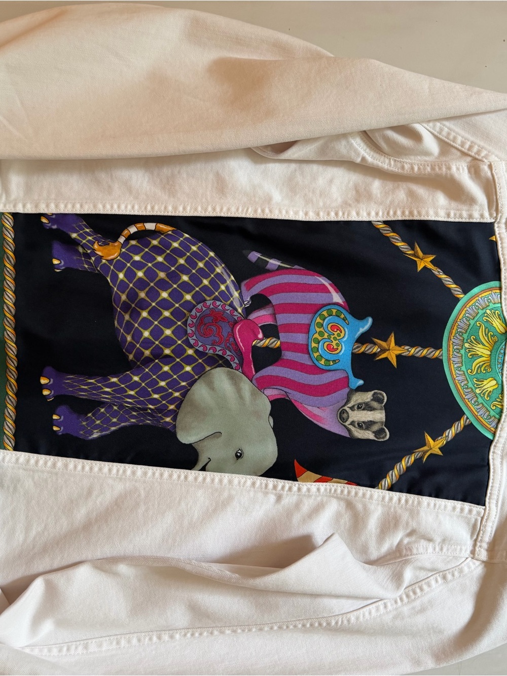 White Jean Jacket with Colorful Elephant Print Panel